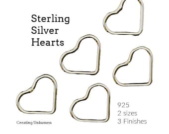 5 Sterling Silver Heart Jump Rings in 2 Sizes - Open or Soldered Closed - Shiny, Antique or Black Finish