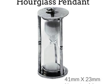 May include: Silver hourglass pendant measuring 41mm by 23mm. The pendant is designed to look like a traditional hourglass with a clear glass bulb and a silver frame. The text "Never tarnish" is printed below the pendant.