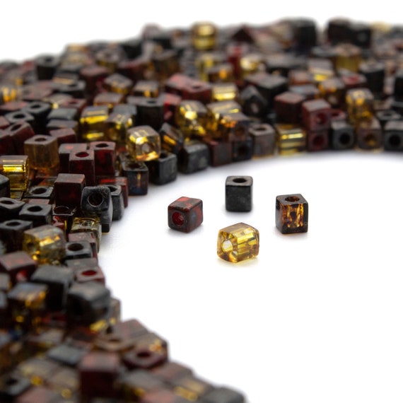 50 Miyuki 4mm Cube Beads in Transparent Light Topaz Picasso, Transpatent Dark Topaz Picasso,  Opaque Red Picasso, Opaque Black Picasso