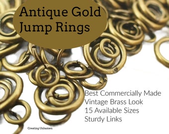 100 Antique Gold Jump Rings - Vintage Look in 22, 20, 18, 16 Gauge - Best Commercially Made - 100 % Guarantee