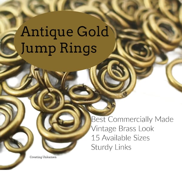 100 Antique Gold Jump Rings - Vintage Look in 22, 20, 18, 16 Gauge - Best Commercially Made - 100 % Guarantee