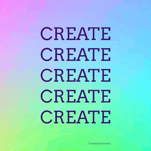 May include: A vibrant, colorful background with the word "CREATE" repeated five times in a bold, dark purple font.