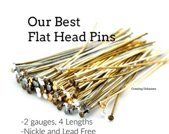 100 Flat Head Pins - Silver Plate, Gold Plate, Antique Silver, Antique Gold, Gunmetal, Rose Gold or Mix - 21 gauge or 24 gauge