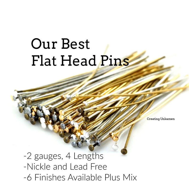 May include: A pile of flat head pins in various metallic finishes, including gold and silver. The image includes text that reads "Our Best Flat Head Pins", and details about the gauges, lengths, and finishes available. The pins are nickel and lead-free.