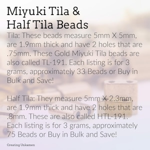 May include: Gold Miyuki Tila and Half Tila beads. Tila beads measure 5mm x 5mm x 1.9mm with two 0.75mm holes. Half Tila beads measure 5mm x 2.3mm x 1.9mm with two 0.8mm holes. Text includes product names, dimensions, and model numbers TL-191 and HTL-191.