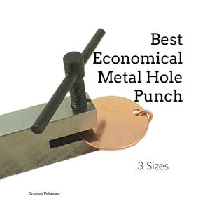 May include: A metal hole punch tool with a black T-handle screw mechanism, shown punching a hole in a round copper disc. The text "Best Economical Metal Hole Punch" and "3 Sizes" is visible, along with the brand name "Creating Unkamen".