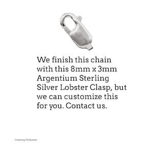 May include: A silver lobster clasp, measuring 8mm by 3mm, is shown. The clasp is made of Argentium Sterling Silver.