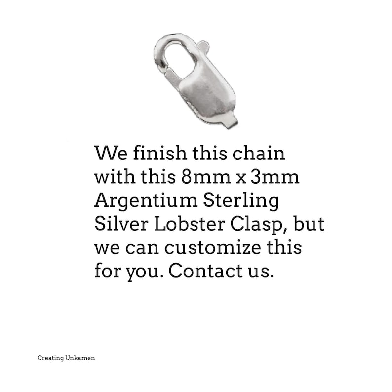 May include: A silver lobster clasp, measuring 8mm by 3mm, is shown. The clasp is made of Argentium Sterling Silver.