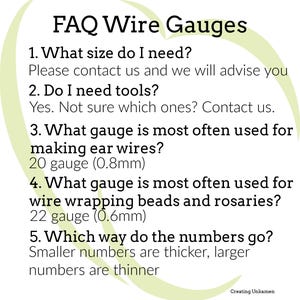 May include: An informational graphic titled FAQ Wire Gauges with a light green heart-shaped background. It lists five questions and answers regarding wire sizes, tools, and gauges, specifically noting 20 gauge is 0.8mm and 22 gauge is 0.6mm.