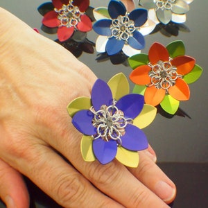 May include: A purple and yellow flower-shaped ring with a silver center. The ring is on a person's hand.