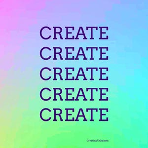 May include: A vibrant, colorful background with the word "CREATE" repeated five times in a bold, dark purple font.