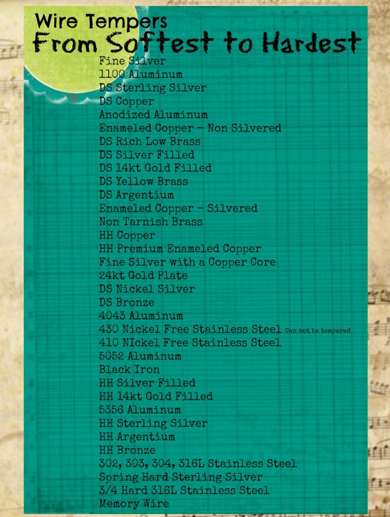 May include: A teal green chart lists different types of wire tempers from softest to hardest. The list includes fine silver, aluminum, sterling silver, copper, brass, gold, nickel, stainless steel, and iron. The chart is on a musical staff background.