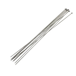 May include: A bundle of ten silver-colored knitting needles with black tips.