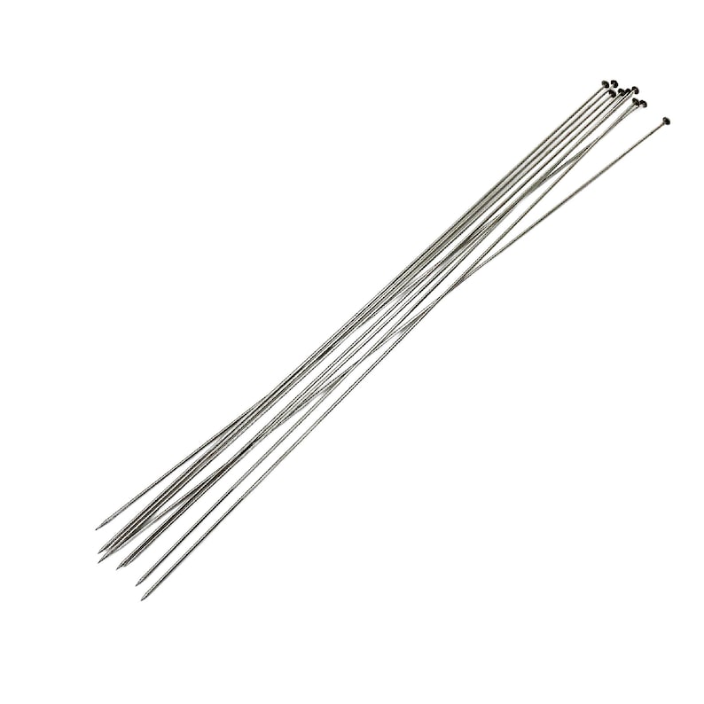 May include: A bundle of ten silver-colored knitting needles with black tips.