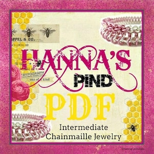 May include: A digital download for an intermediate chainmaille jewelry project. The image features a pink and silver chainmaille bracelet, the text "Hanna's Pind PDF", and the words "Intermediate Chainmaille Jewelry".