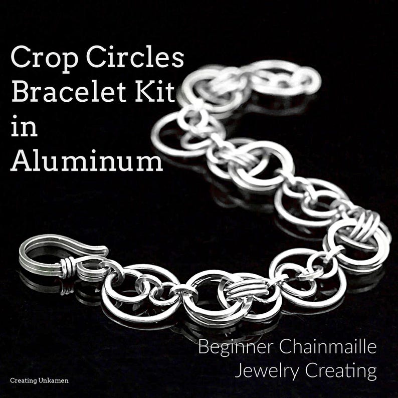 May include: A silver chainmaille bracelet kit in aluminium. The bracelet has a series of interconnected circular links and a hook clasp. Text on the image reads "Crop Circles Bracelet Kit in Aluminum" and "Beginner Chainmaille Jewelry Creating."