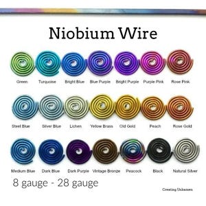 Puede incluir: Un gráfico que muestra 18 colores diferentes de alambre de niobio, que van del verde al plateado natural. El alambre está disponible en calibres del 8 al 28. El texto "Niobium Wire" está en la parte superior del gráfico, y el texto "8 gauge - 28 gauge" está en la parte inferior.
