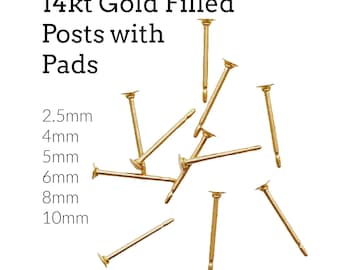 14kt Gold Filled Post Earrings KIT - Makes 4 Pairs - 2.5mm, 4mm, 5mm, 6mm, 8mm, 10mm Pad -  Made in the USA - Includes Posts, Nuts and Glue