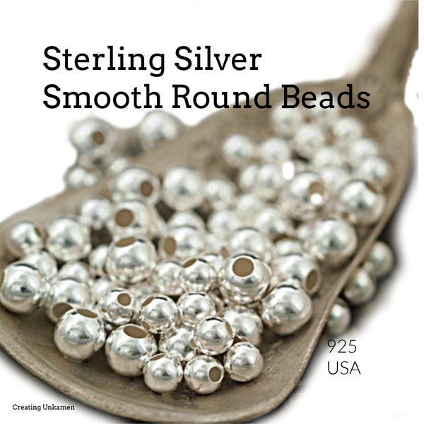 Glatte runde Perlen aus Sterlingsilber – Sie wählen die Größe 2 mm, 3 mm, 4 mm, 5 mm, 6 mm, 7 mm, 8 mm, 9 mm, 10 mm, 11 mm, 12 mm, 14 mm, 16 mm. Hergestellt in den USA