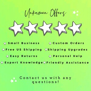 Puede incluir: Un gr&aacute;fico con cinco estrellas y texto que dice "Unkamen Offers". El texto debajo de las estrellas enumera los beneficios de comprar con Unkamen, incluyendo env&iacute;o gratuito a Espa&ntilde;a, devoluciones f&aacute;ciles y conocimiento experto. El texto en la parte inferior dice "&iexcl;Cont&aacute;ctanos con cualquier pregunta!"