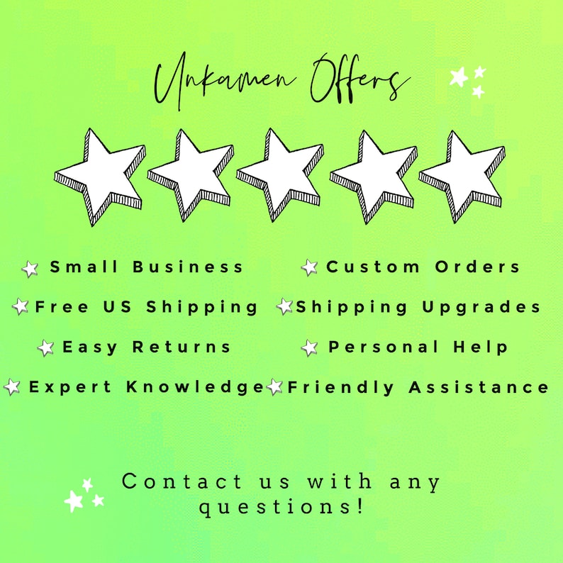 Puede incluir: Un gr&aacute;fico con cinco estrellas y texto que dice "Unkamen Offers". El texto debajo de las estrellas enumera los beneficios de comprar con Unkamen, incluyendo env&iacute;o gratuito a Espa&ntilde;a, devoluciones f&aacute;ciles y conocimiento experto. El texto en la parte inferior dice "&iexcl;Cont&aacute;ctanos con cualquier pregunta!"
