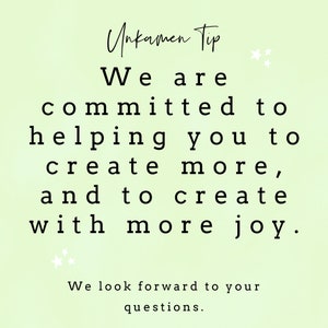 K&ouml;nnte beinhalten: Ein hellgr&uuml;ner Hintergrund mit wei&szlig;en Sternen und schwarzem Text, der "Unkamen Tip" und "Wir sind bestrebt, Ihnen zu helfen, mehr zu schaffen und mit mehr Freude zu schaffen. Wir freuen uns auf Ihre Fragen." lautet.