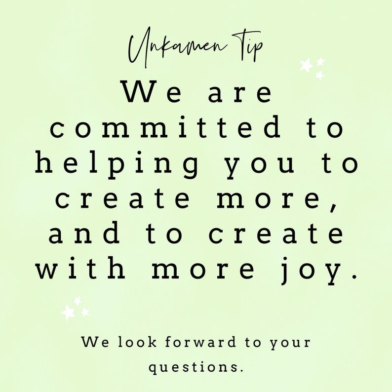 K&ouml;nnte beinhalten: Ein hellgr&uuml;ner Hintergrund mit wei&szlig;en Sternen und schwarzem Text, der "Unkamen Tip" und "Wir sind bestrebt, Ihnen zu helfen, mehr zu schaffen und mit mehr Freude zu schaffen. Wir freuen uns auf Ihre Fragen." lautet.