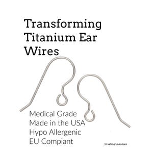 Könnte beinhalten: Zwei silberfarbene Ohrhaken aus Titan mit gebogener Form und einer kleinen Öse am unteren Ende. Der Text lautet: Transforming Titanium Ear Wires, Medical Grade, Made in the USA, Hypo Allergenic, EU Compiant und Creating Unkamen.
