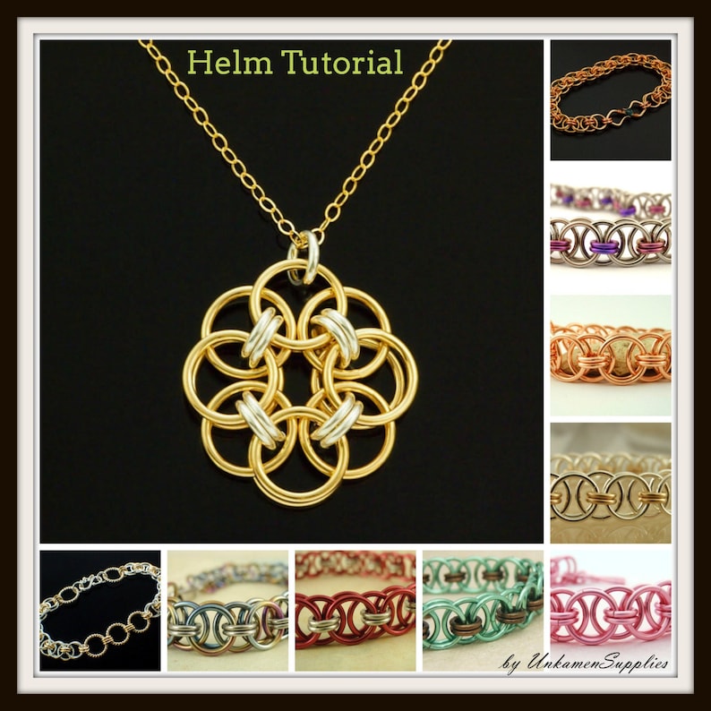 May include: A gold and silver chain necklace with a gold and silver helm pendant. The pendant is a flower shape with six loops. The image also shows several bracelets in different colors, including gold, silver, copper, and pink.