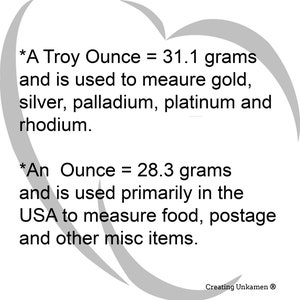 May include: A white informational graphic featuring black text that reads: *A Troy Ounce = 31.1 grams and is used to measure gold, silver, palladium, platinum and rhodium. *An Ounce = 28.3 grams and is used primarily in the USA to measure food, postage and other misc items. Creating Unkamen &reg; is printed at the bottom right.