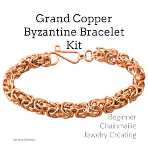 May include: A copper Byzantine bracelet kit with a hook clasp. The bracelet is made of interlocking copper rings. Text on the image reads "Grand Copper Byzantine Bracelet Kit" and "Beginner Chainmaille Jewelry Creating."