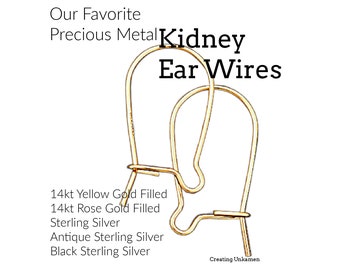 5 Pairs 14kt Yellow Gold Filled, 14kt Rose Gold Filled, Sterling Silver or Antique Sterling Silver Kidney Ear Wires - Made in the USA