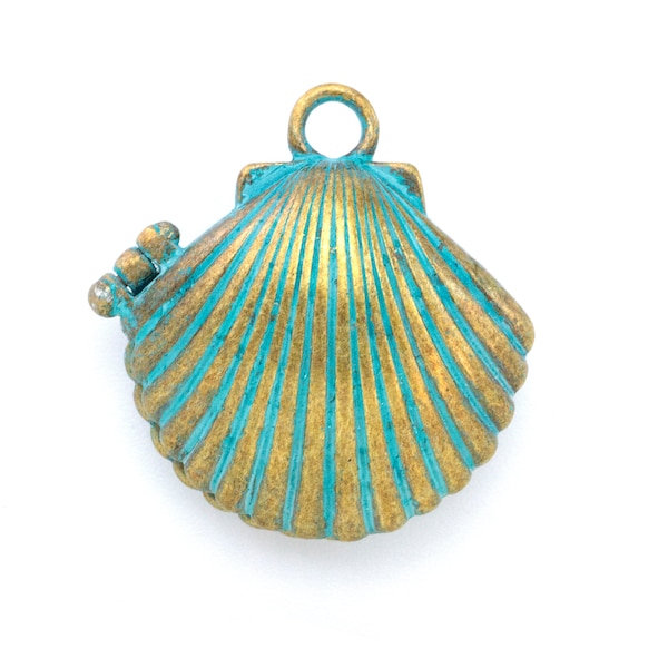 Sea Shell Verdigris Pendant Locket - 30mm X 28mm