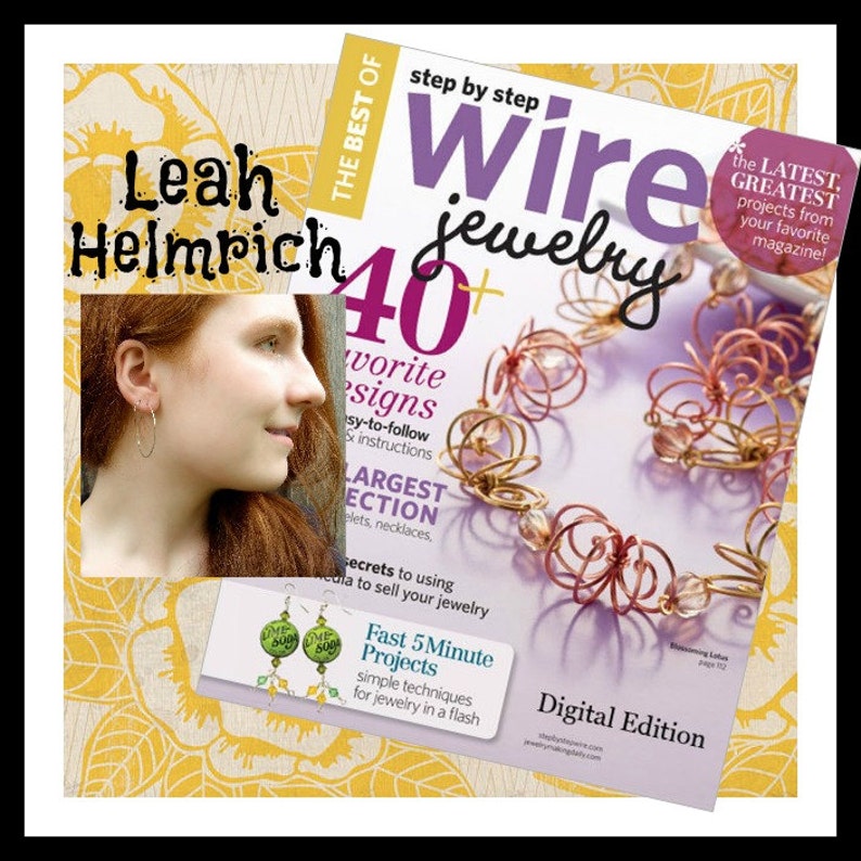 May include: A magazine cover for Wire Jewelry featuring a close-up of a copper wire jewelry design. The magazine cover is purple and features the text "Wire Jewelry" in white. The text "40+" is in white with a purple outline. The text "The Latest, Greatest projects from your favorite magazine!" is in white with a black outline. The text "Fast 5 Minute Projects" is in white with a black outline. The text "Digital Edition" is in white with a black outline.