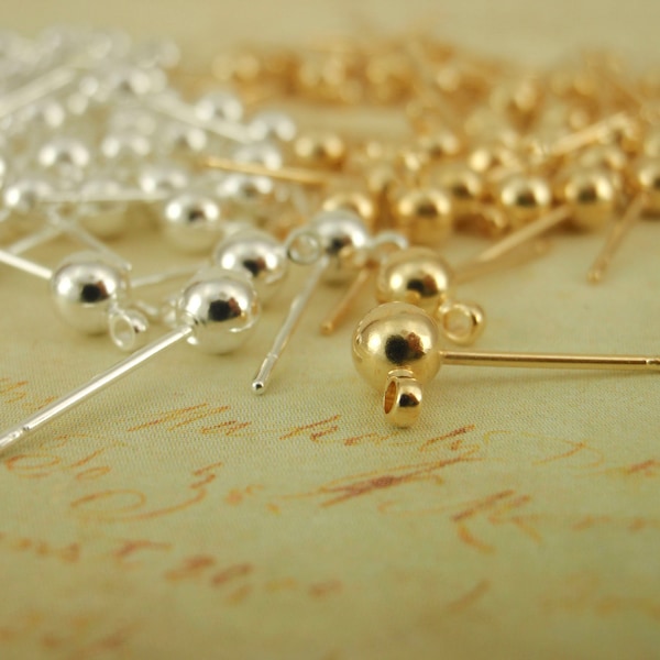 4 Pairs 4mm Ball Ear Posts with 0.75mm Loops in Silver Plate or Gold Plated with Optional Ear Backs - 100% Guarantee