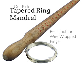 May include: A wooden tapered ring mandrel with size markings in red. The mandrel is used to create wire wrapped rings. A coil of silver wire is also shown in the image.