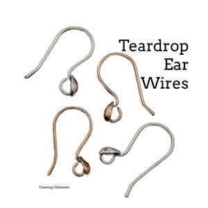 May include: Four teardrop shaped ear wires, two silver and two copper, are shown against a white background. The text "Teardrop Ear Wires" is displayed above the wires.