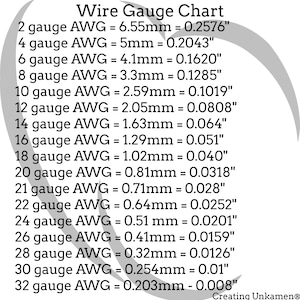 Puede incluir: Una tabla de calibres de alambre en blanco y negro que enumera tama&ntilde;os AWG del 2 al 32, proporcionando medidas equivalentes en mil&iacute;metros y pulgadas. El texto se superpone a una forma de coraz&oacute;n estilizada, con la marca Creating Unkamen abajo.