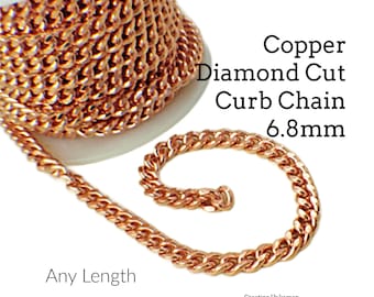 Solid Copper Diamond Cut Curb Chain 6.8mm Made in the USA - Any Length Finished or by the Foot and Bulk