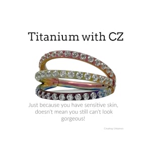 16 gauge Titanium Hoop - Triple with CZ Clicker Segment - Colorful and Hypoallergenic Piercing