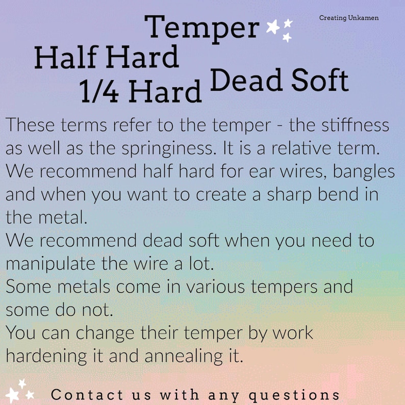 K&ouml;nnte beinhalten: Eine informative Grafik mit pastellfarbenem Hintergrund und dem Text: Temper, Half Hard, 1/4 Hard, Dead Soft. Sie erkl&auml;rt die Metallh&auml;rte, Steifigkeit und Federkraft und empfiehlt halbharte Metalle f&uuml;r Ohrhaken und weiche f&uuml;r Formbarkeit.