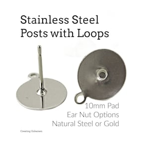 Peut inclure: Deux tiges d'oreille en acier inoxydable argentées avec boucles. Chaque tige a un tampon rond de 10 mm avec un trou au centre. Le texte "10mm Pad Ear Nut Options Natural Steel or Gold" est sous les tiges.