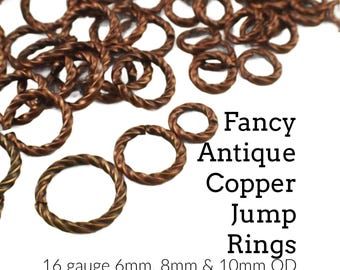 100 Antique Copper Twisted Jump Rings, 16 Gauge (6mm, 8mm, 10mm OD)