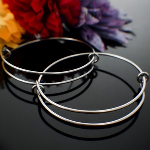 Puede incluir: Dos pulseras de brazalete ajustables de color plateado. Las pulseras est&aacute;n hechas de metal fino y redondo y tienen un dise&ntilde;o simple y minimalista. El fondo presenta flores borrosas rojas, amarillas y moradas, con una superficie negra brillante.
