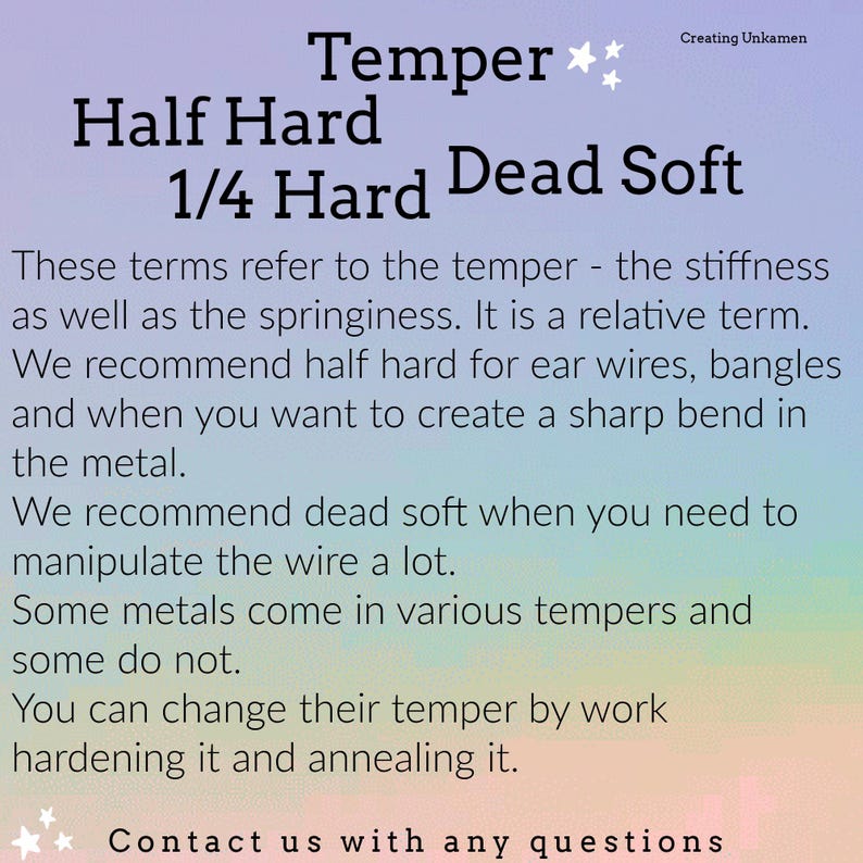 Może przedstawiać: Grafika informacyjna z pastelowym tłem zawierająca tekst: Temper, Half Hard, 1/4 Hard, Dead Soft. Wyjaśnia hartowanie metalu, sztywność i sprężystość, zalecając p&oacute;łtwardy metal do kolczyk&oacute;w oraz miękki do łatwego formowania i manipulacji.