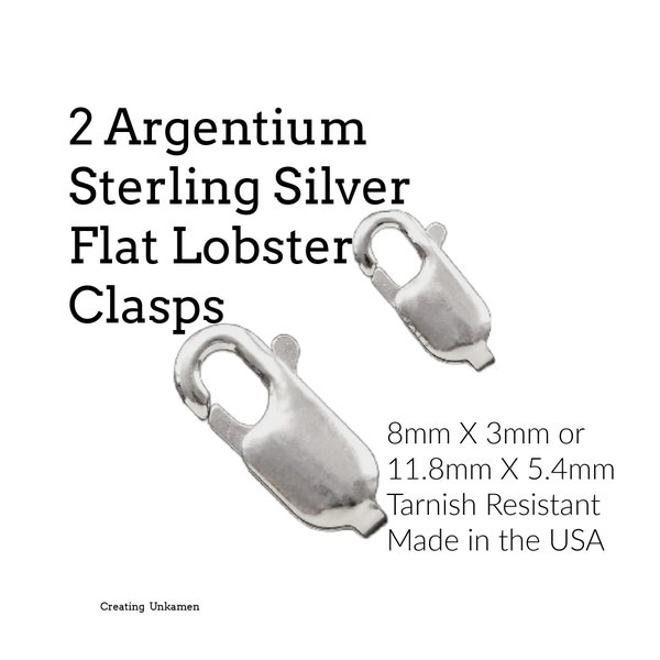 2 Argentium Sterling Silver Flat Lobster Clasps - 8mm X 3mm or 11.8mm X 5.4mm - Non Tarnish - 100% Guarantee - Made in the USA