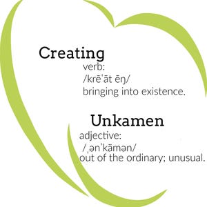 K&ouml;nnte beinhalten: Eine gr&uuml;ne herzf&ouml;rmige Grafik mit dem Wort "Creating" und seiner Definition als Verb, "ins Dasein bringen". Darunter steht das Wort "Unkamen" und seine Definition als Adjektiv, "au&szlig;ergew&ouml;hnlich; ungew&ouml;hnlich."