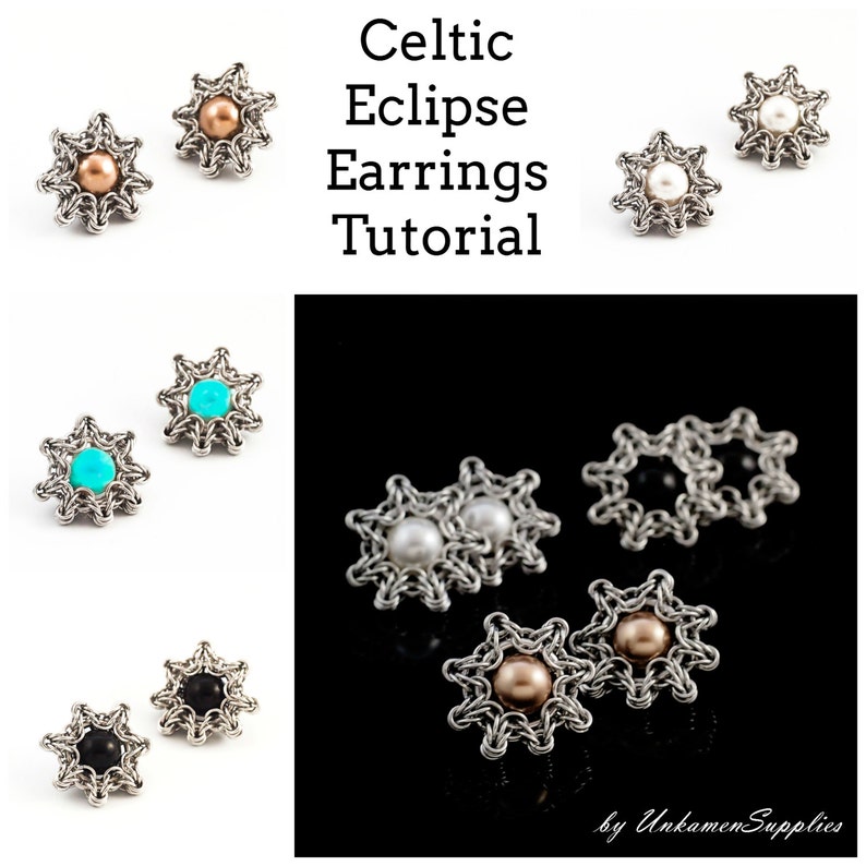 K&ouml;nnte beinhalten: Celtic Eclipse Ohrringe Tutorial mit verschiedenen Ohrringen mit unterschiedlich farbigen Perlen. Die Ohrringe sind aus einem silbernen Kettengeflecht-Design gefertigt.