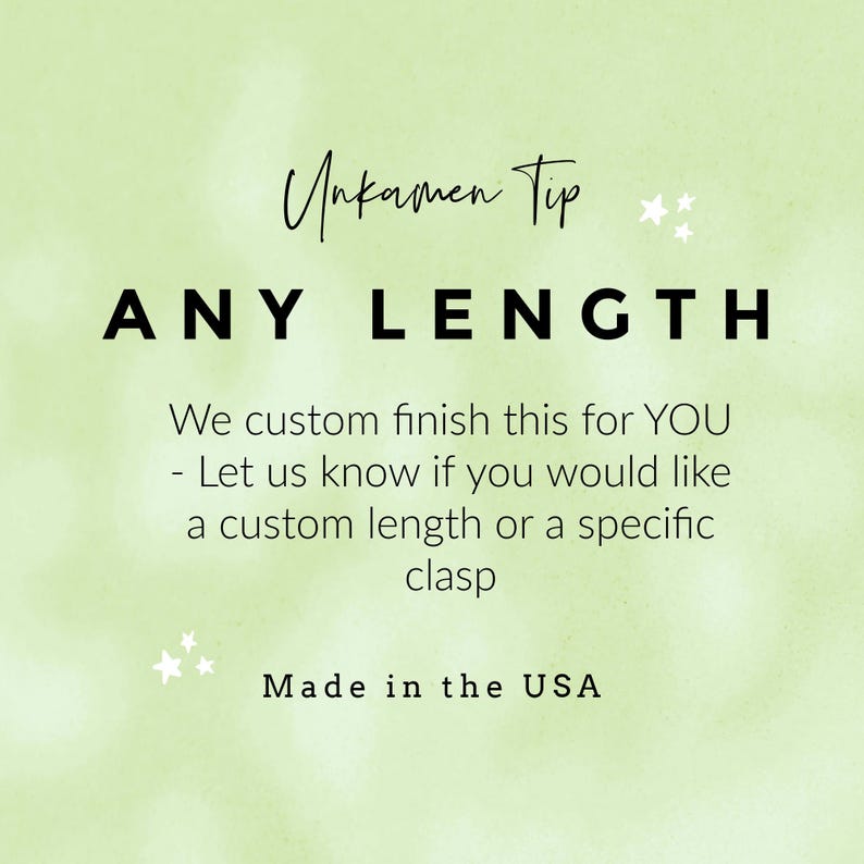 Puede incluir: Texto sobre un fondo verde claro: "Unkamen Tip ANY LENGTH". El texto contin&uacute;a: "Lo personalizamos para USTED - H&aacute;ganos saber si desea una longitud personalizada o un cierre espec&iacute;fico. Hecho en los EE. UU."