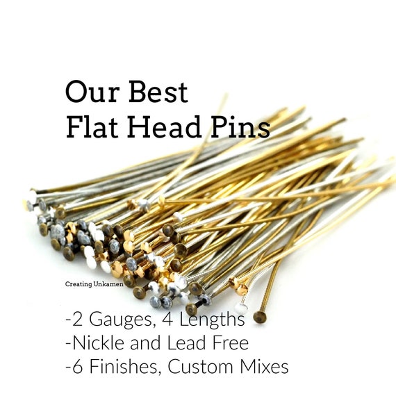 100 Flat Head Pins Silver, Gold, Antique Silver, Antique Gold